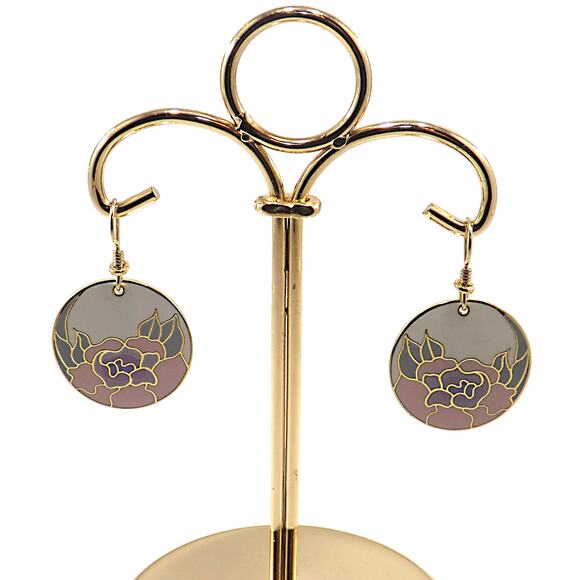 Laurel Burch "Garden Rose" Earrings, Cloisonné Gold Plated, 1980s - Picture 8 of 10